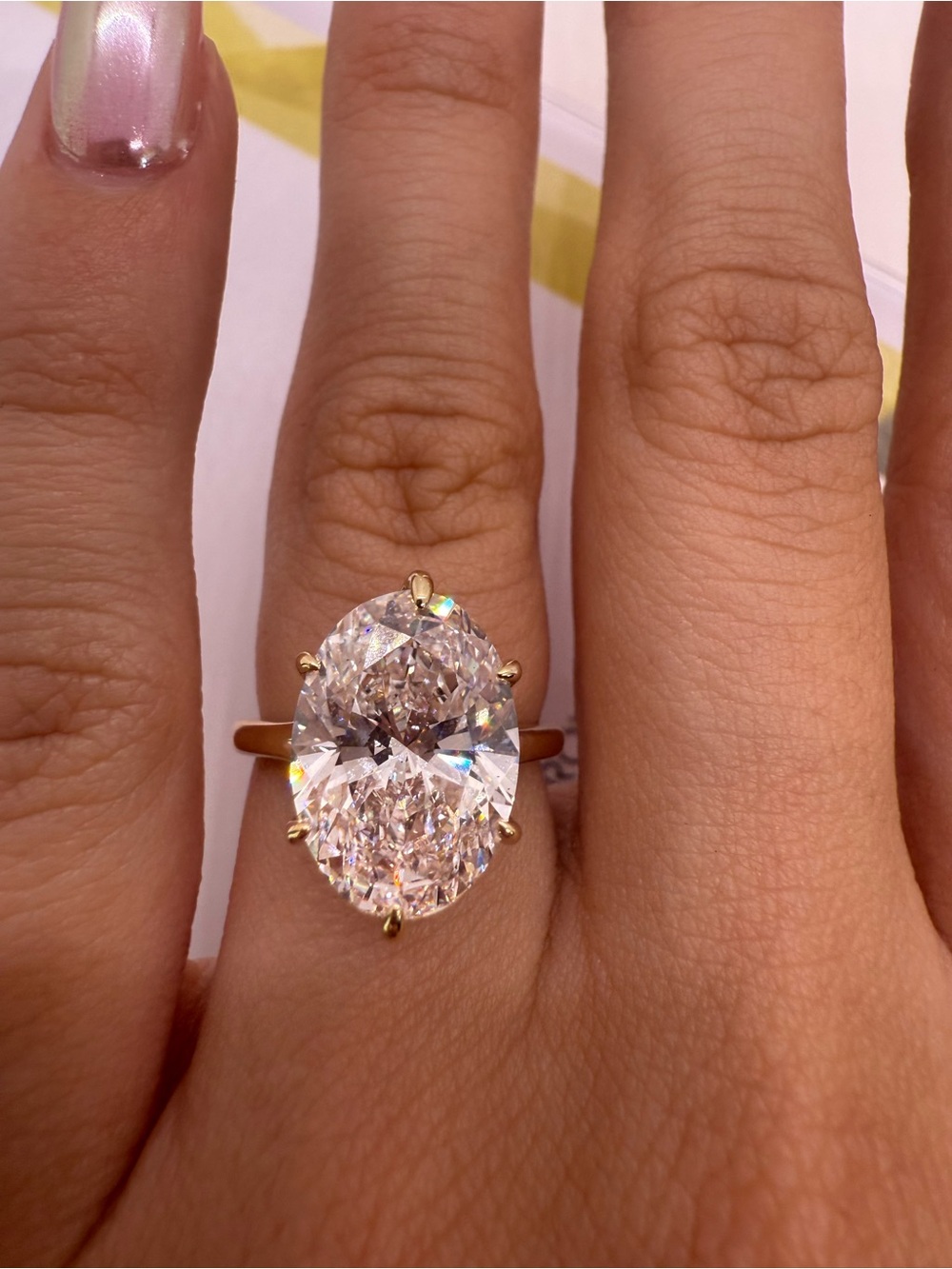 5.14 carat F VS1 oval solitaire tulip yellow gold diamond engagement ring